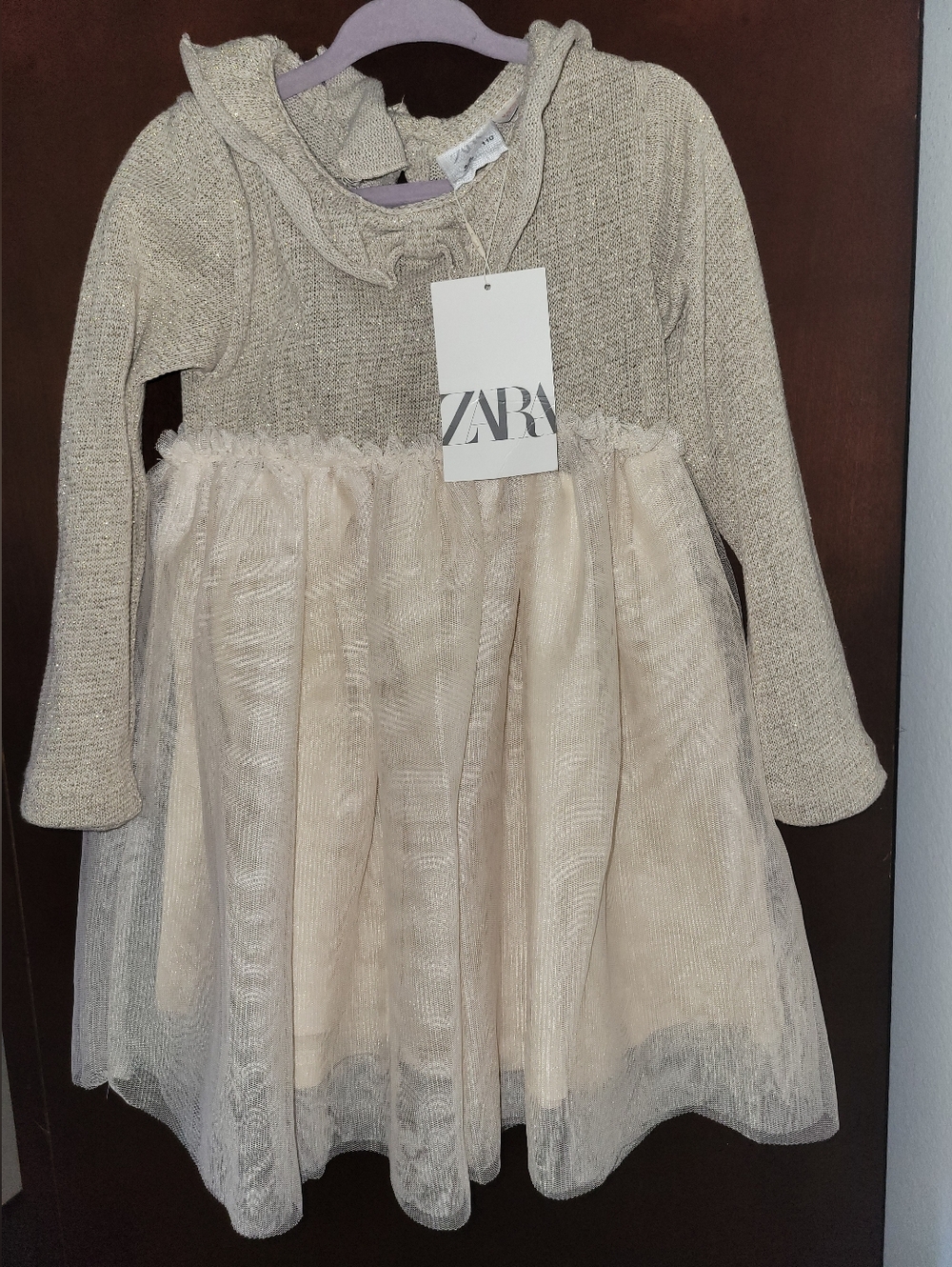 Zara Cream Beige With Golden Sparkle Tulle Dress